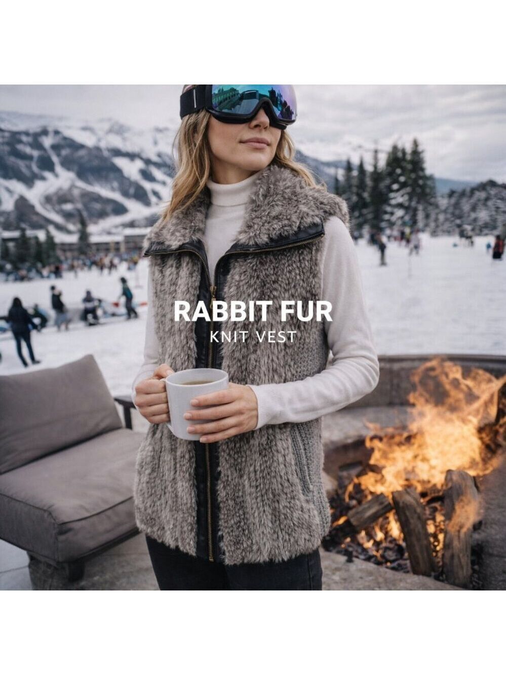 Rabbit Fur Collar Knit Zip Vest Size S Gray Leather Trim Cozy Luxe Layer